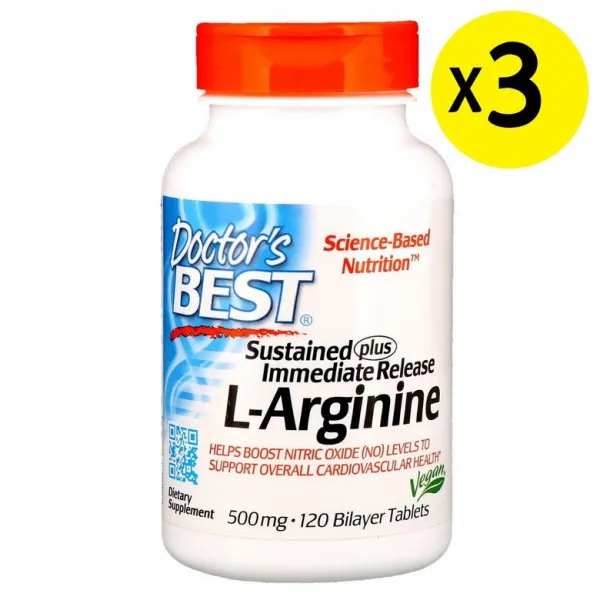 [미국직구]Doctor's Best 지효성 즉효성 L아르기닌 500mg 이중층정 120정 3병, 선택, 상세설명참조