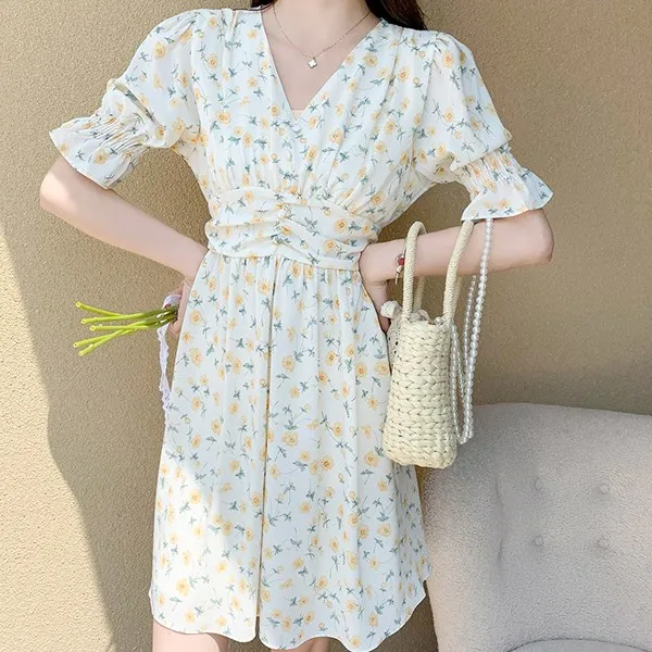 드레스날다 이건찐이다 퍼프 스모크 플레어 원피스 Mops1543 