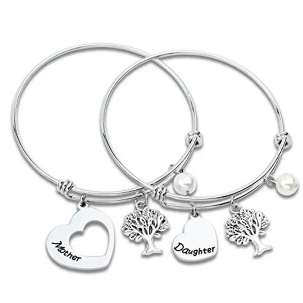 어머니 Daugther 선물 엄마 뱃머리 팔찌 세트 2 매칭 하트 Bangle 엄마와 딸 팔찌 for Mom