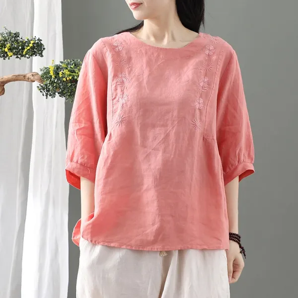 단아한 클래식 면린넨 꽃자수 심플 반팔 여름 여성의류 풀오버