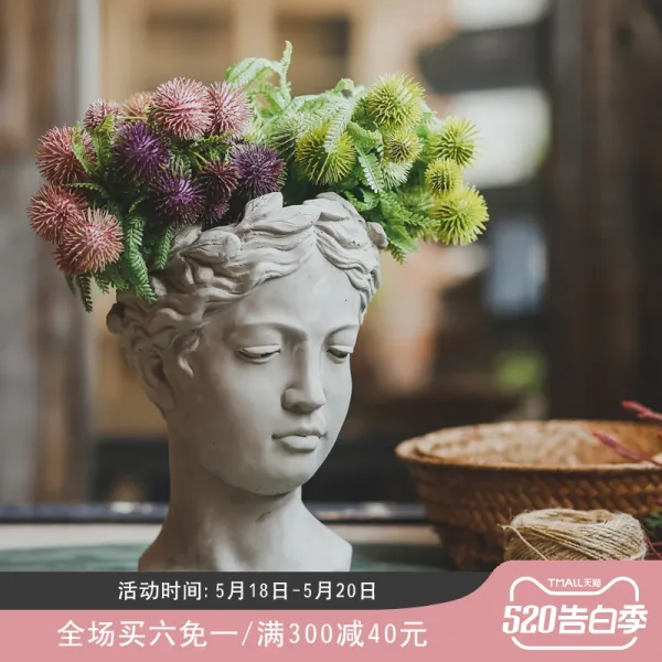 시멘트 머리 인테리어 석고상 화분 레트로 앤틱풍, 결함이있는 화분 (임의의 머리카락)