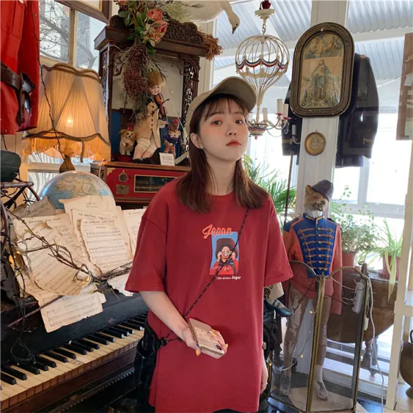 여성 캐릭터 프린트 반팔 티셔츠 홍콩풍 빈티지 루즈핏 슬림 캐릭터 반팔 티셔츠 여한판