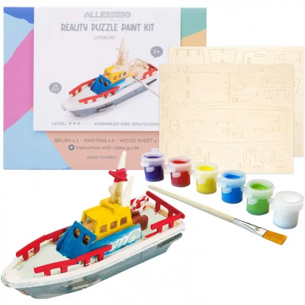 Allessimo Reality Puzzles 3D 나무 모델 페인트 키트 (구명정-34 pc 퍼즐) 어린이 및 성인용 장난감 DIY, 1