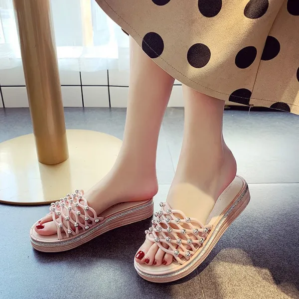 브엘세바 여성 명품 스타일 진주 꽃 장식 패션 슬리퍼 B1607 586464409949