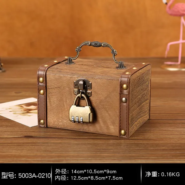 동전저금 디자인 골동품 궤짝 비즈보관함 보물상자가방, 중형 오동나무 번호잠금
