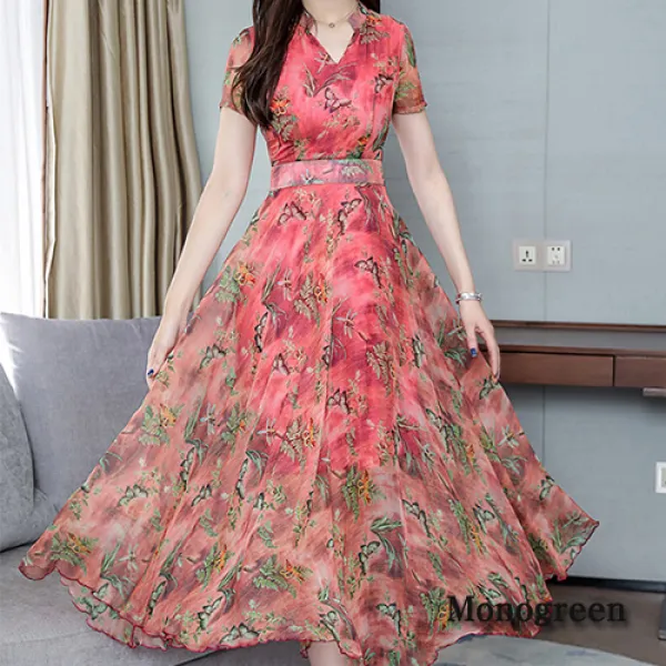 모노그린 쉬폰 시스루 브이넥 빅사이즈 롱원피스 드레스wmp5271