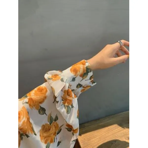 DAPANDA (오대소) 두드리는 낙조장미 황고풍 꽃무늬 셔츠 초롱소매 쉬폰