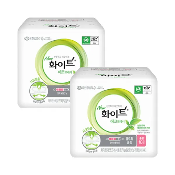 화이트 에코프레시 울트라 중형 18P 날개형 생리대, 2팩, 18매입
