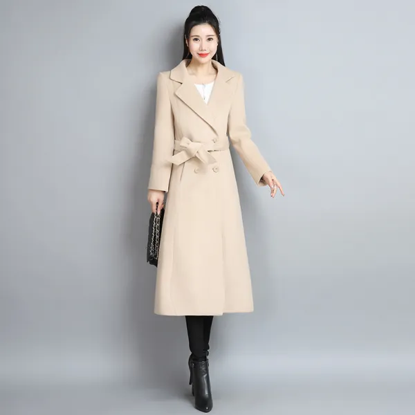 트렌치코트 2019가을겨울셋트 롱타입 미지물외투 더블버클 통근 턴오버카라 바람막이옷 무릎을넘기는 벨트 날씬해보이는 코트 여성