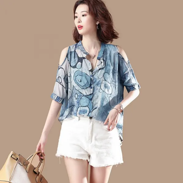 샵솔베이지 오프숄더 시원여름 미시 캐쥬얼 기하학무늬 면 시폰 셔츠 블라우스