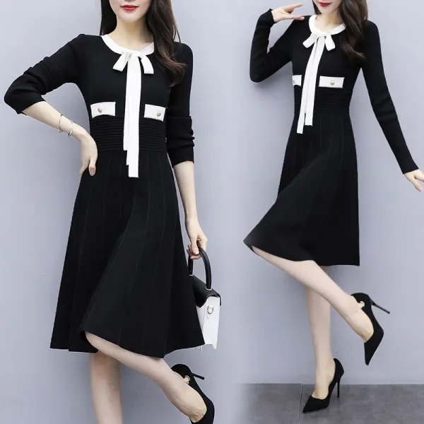 Okseller1 페미닌 럭셔리 정장 리본 플레어 원피스