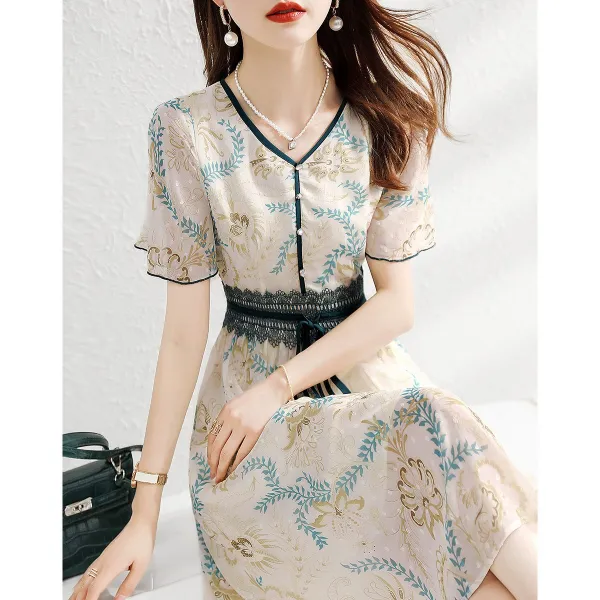 여름쉬폰원피스 구월맥묵 2022 년 우아한 캐쥬얼 허리보정 플라워 브이넥 반팔 4957063702