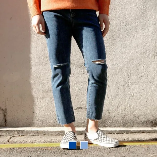 루즈핏커팅진남성청바지데미지 진청