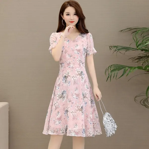 플라워 눈 방적 원피스 여 하의 새로 여장 허리 날씬해 보이는 플레어 소매 큰 사이즈 통통 Mm 숙 블라우스