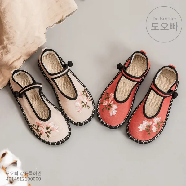 도오빠 여자플랫슈즈 꽃신 여성 플랫 슈즈 한복 폐백 자수 명절 결혼식 린넨 에스닉 봄 여름 가을 사계절 신발 중년