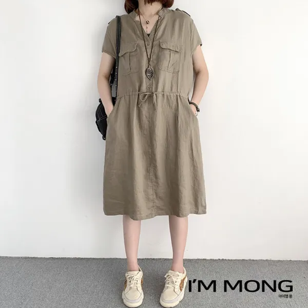 아이엠몽 여성 린넨 차이나넥 허리밴딩 원피스 치마 Bb229050jm 미디원피스