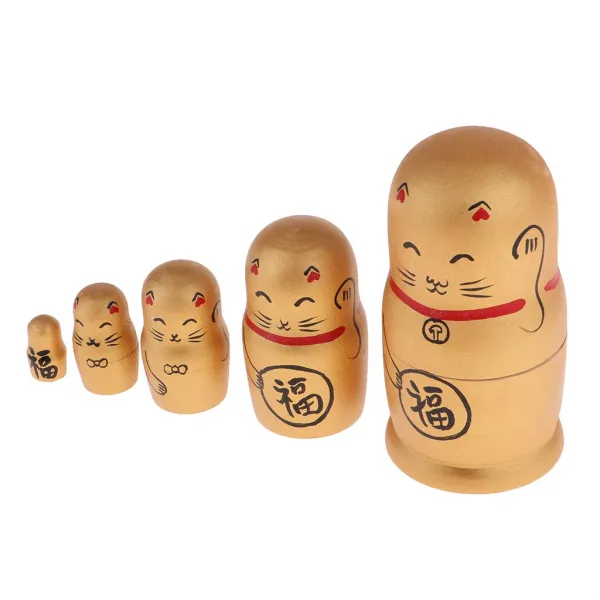 STK5 조각 나무 Babushka 러시아어 중첩 인형 손으로 그린 ​​운이 고양이 골든