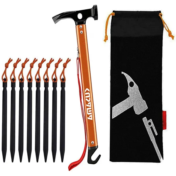 뻬구항마 야외 망치 단조 페그 검은 Y 형 페그 알루미늄 8 개 포함 캠프 망치 경량 야외 망치 알루미늄 다기능 수납 주머니 부착 오렌지