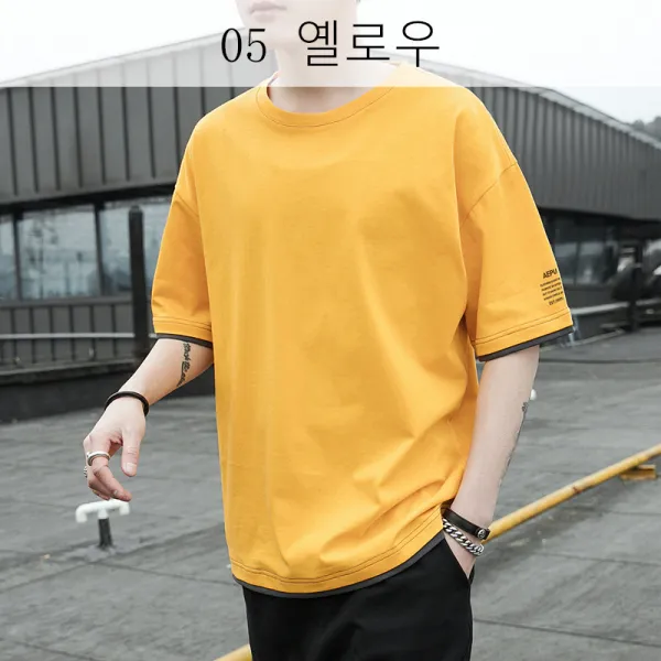 뉴타임즈 습기 단색 반팔 티셔츠 남하생 쿨넥 와이드 티셔츠 유행에 반팔 티셔츠 멋있어요 XZ31 A8, 05 옐로우