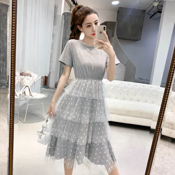 패션이루 레이스 캉캉 반팔 여름 원피스 롱 여성 캐주얼 슬림