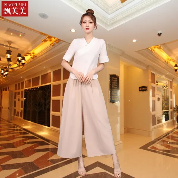 코스모스 복장 마사지사 작업복 양생 회소 순면 코튼 미용사가운 룩 여성 발마사지 카고 여름 족욕, XXXL 화이트