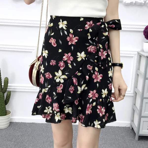 브엘세바 여성 봄 샬랄라 치마 스커트 꽃 프린트 쉬폰 에스닉