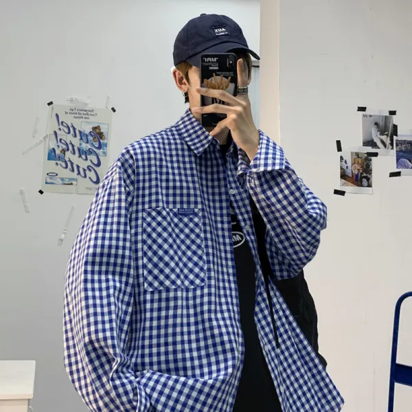 남자블랙코트 무거운 머리 다녀가다 남성의류 가을 체크 길이 소매 트렌드 단아한 와이셔츠 오버핏셔츠 3694562352