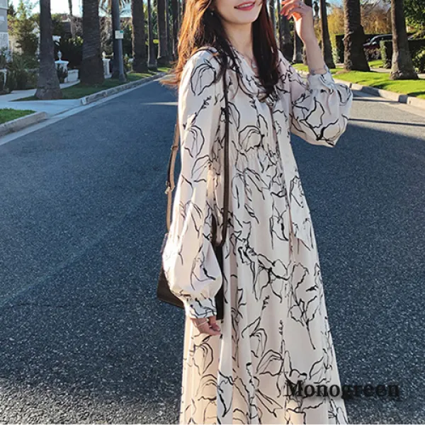 모노그린 쉬폰 플라워스케치 롱원피스gc185387