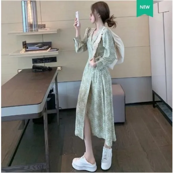 플라워 쉬폰 스커트 봄가을 여성원피스 소프트계열 프렌치 티 멈추다 긴 소매 롱 2654494937, 초록원피스 XL