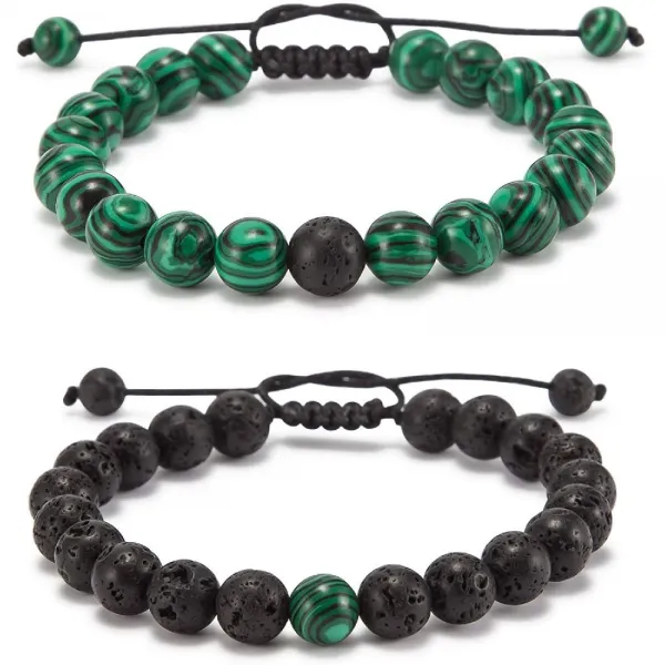 Enjoit 거리 팔찌 블랙 매트 마노 And 화이트 Howlite 에너지 스톤 비즈 팔찌 세트 커플 팔 Adjustable Green