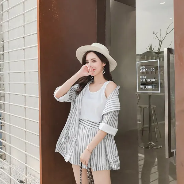 씨엔에이치 여름 여성 스트라이프 마 린넨자켓 반바지 투피스세트
