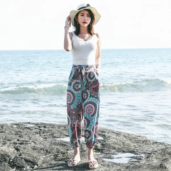 몸빼바지 보헤미안 루즈핏 배기바지 하이웨스트 플라워바지 여자와이드팬츠 성인 신크노일 모기방지바지 해변 긴바지