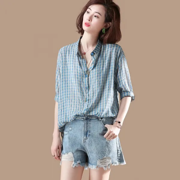 샵솔베이지 린넨 블라우스 여름 미시 마담 캐쥬얼 스트라이프 루즈핏 셔츠