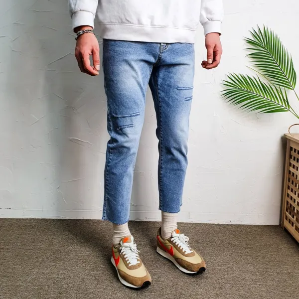 코코로맨틱 남자연청바지 무릎 밑단 컷팅진