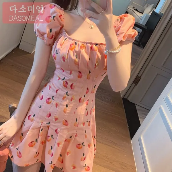 [해외 직송]다소미얼 원피스 여름 복숭아 스타일에 박시하고 날씬해 보이는 네모넥 일자 어깨 셔링 퍼프 원피스치맛자락 XZ27 A10