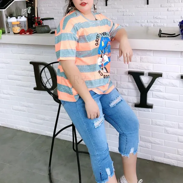 Kirahosi 스트라이프 반팔 루즈핏 빅사이즈 여성 반팔 상의 81호 + 덧신 증정 Tkk2ot3