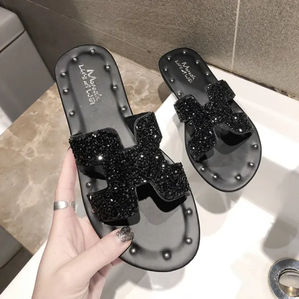 TUOYING 여름 패션 슬리퍼 여성 큐빅 플랫 일자 비치 트레일러