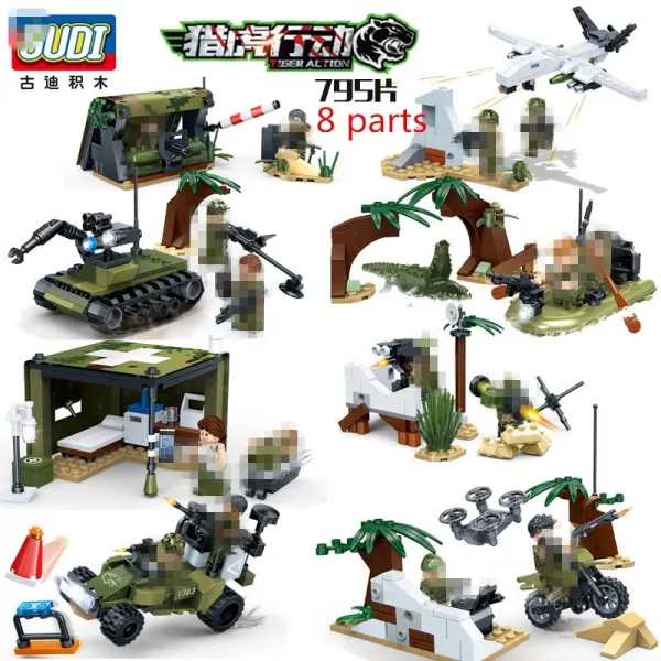 795pcs 1개 중 8개꼴로 GUDI 타이거 액션 군사 빌딩 전쟁 미사일 병사들의 군용 차량이 무기 트럭 탱크 8038 블록, 01 8038nobox 8in1