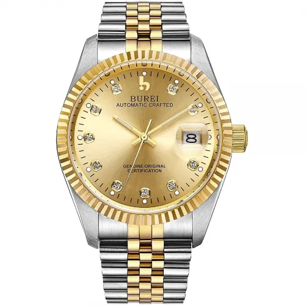 BUREI 사파이어 크리스탈 라인 석 마커와 남성 고급 자동 시계 날짜 표시