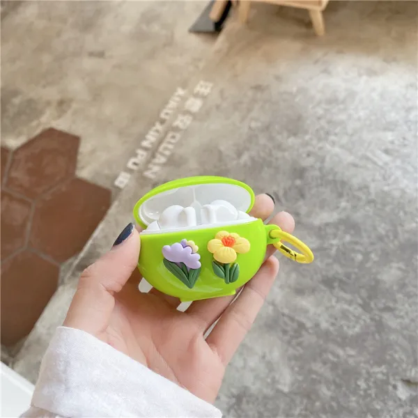 KORELAN 형광 녹색 입체 생화 적용 화웨이freebuds4i 보호 세트 프로 실리콘 고무free3 무선 이어폰 소프트, {