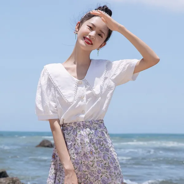 소울메이크 블루반팔셔츠 클래식 보이핏 볼륨 여성 여름철이 색다르다 감각 벌룬소매 플랫카라