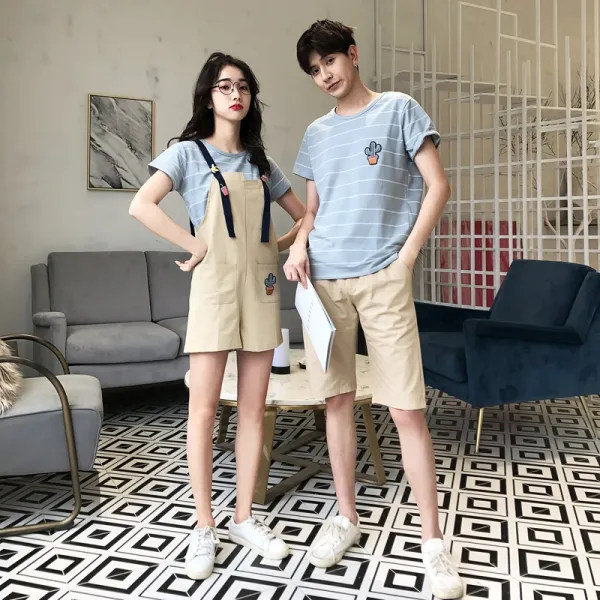 커플시밀러룩 동색 계열커플 여름의류 세트포장 2019셀럽 상큼 스트라이프 남성반팔 T티셔츠여성 멜빵바지