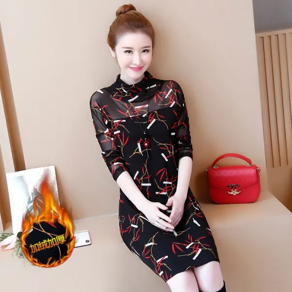 살집 Mm 긴팔 프린트 이너 원피스 추동 신 경량 숙풍 프리미엄 양기 기모 스커트
