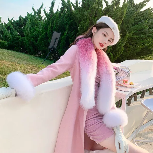 폭스퍼무스탕 Ivivian독자적 스타일 그라데이션 번짐 색상여우 너구리털 양면 캐시미어 코트외투 여성 Dy838