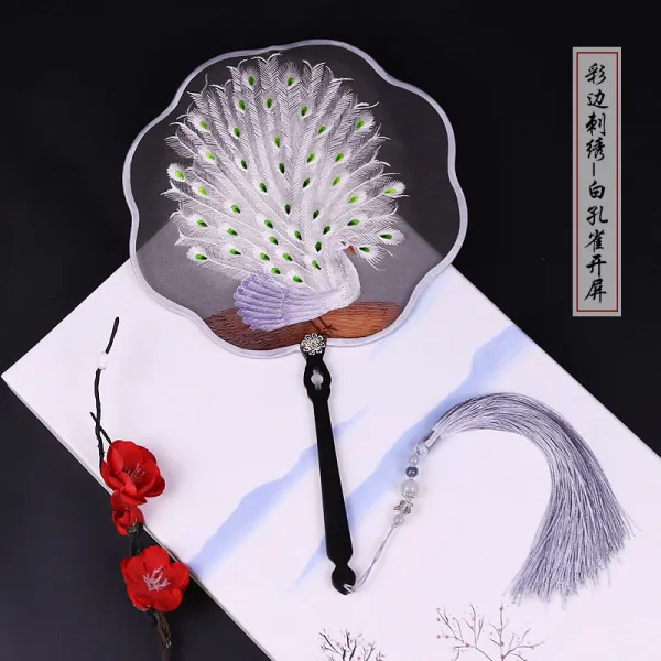 화당소수진사궁선수자수단선중국풍자광단목통병한복선물선, 셀비지 자수 화이트 공작새 세트
