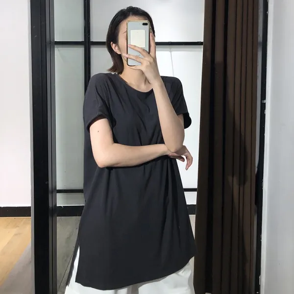하오타오 니트 상의 식체 점풍 칸 솔리드 무지 어깨 소매연결 롱