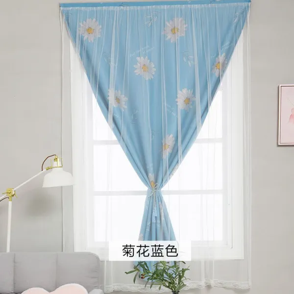 공가라 작은방커튼 인싸템 매직 숏 접착 사 무타공 장착 침실 소녀 가림천 공주풍 출 국화꽃 블루 （더블레이어 ） 와이드 2.0 *하이 2.0 쌀 원턱