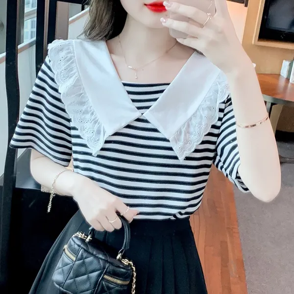 DFMEI 디자인 소품 남방 여하 반팔 패션 트렌디한 스트라이프 마린넥 숄 카디건 감령별상의를 입히다