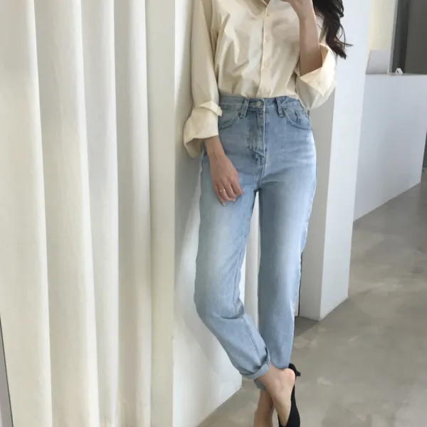 나이브 실루엣 / 파리지엔느 하이웨스트 보이핏 배기 연청 데님 청바지