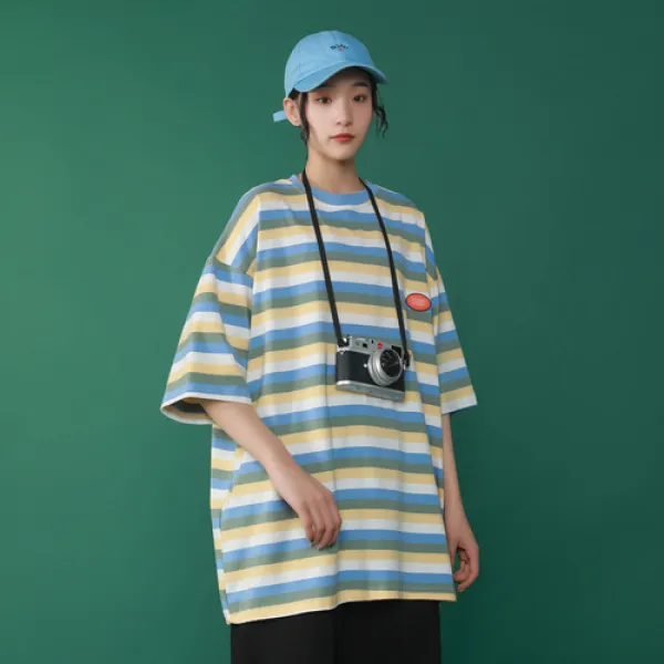 해외발송 여성 박스티 루즈핏 오버핏 티셔츠@록광 항간 충돌색 스트라이프 티셔츠여 반팔 2020 여름-46242